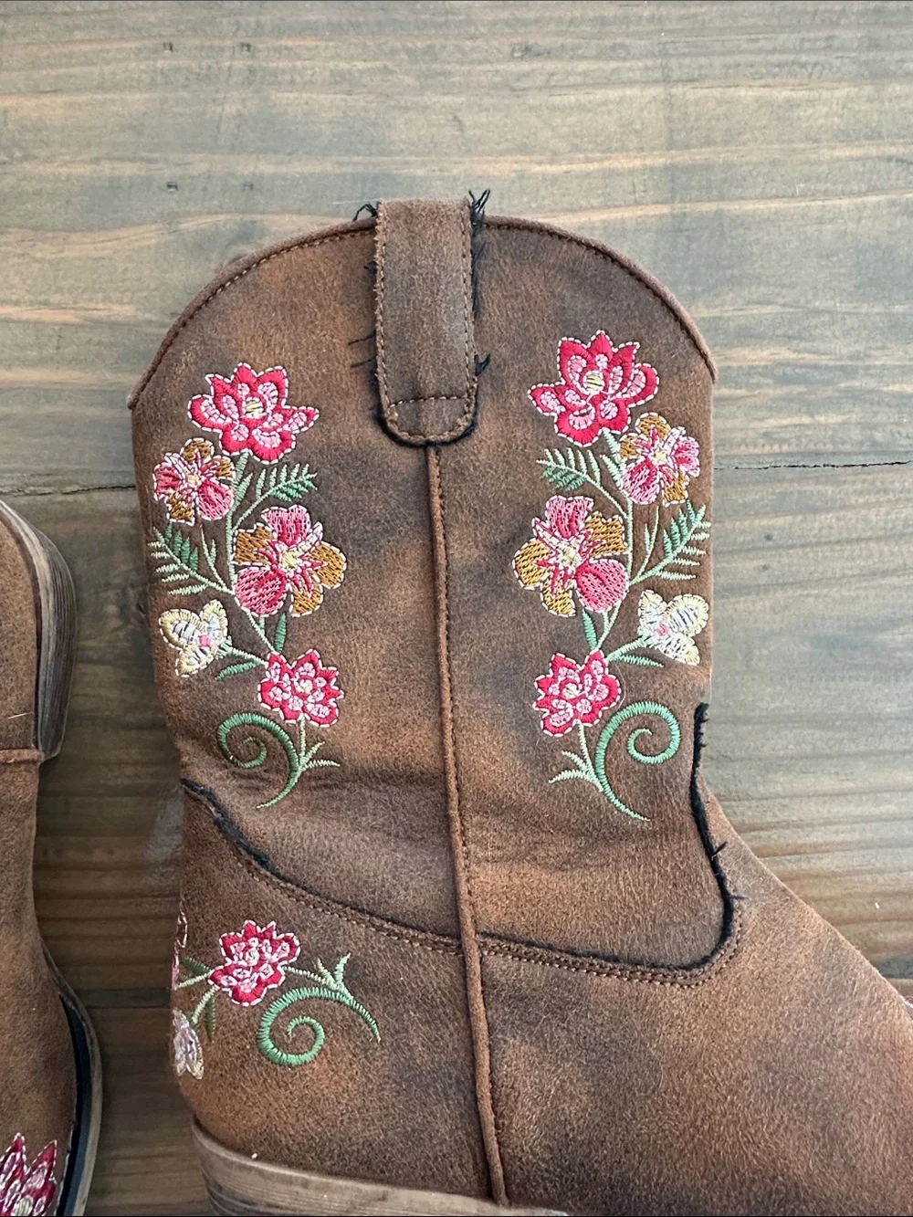 Roper Brown Kids Western Boots with Pink & Green Floral Embroidery